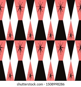 Mid century atomic seamless pattern in bold black, white and coral pink colors. Hand drawn starburst with geometric alternating shapes and colors. Vector design for textiles, fashion, graphic design.