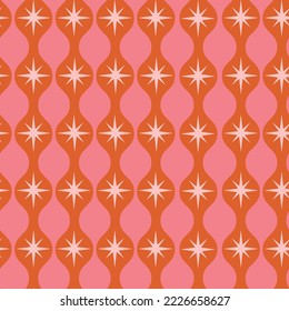 Mid Century atomic starburst on orange ogee seamless pattern on pink background. For textile, retro backgrounds and home Décor svg