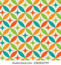 mid century atomic starbursts on colorful circles seamless pattern in green, teal, red and orange on white background. For home décor, textile and wallpaper. 