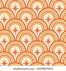 Mid Century Atomic Starbursts on retro rainbow arches seamless pattern in orange and red . For wallpaper, textile , home décor and fabric 