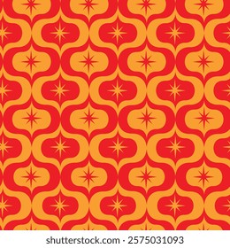 Mid Century Atomic Starbursts on Orange and Red Ogee shapes seamless pattern. For home décor, wallpaper and fabric 