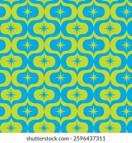Mid Century Atomic Starbursts on yellow and blue Ogee shapes seamless pattern. For home décor, wallpaper and fabric