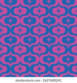 Mid Century Atomic Starbursts on pink and blue Ogee shapes seamless pattern. For home décor, wallpaper and fabric