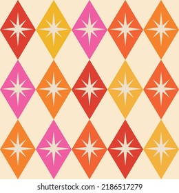 Mid century atomic starbursts over diamond argyle shapes in pink, orange, yellow and red. For textile, fabric, home décor and wallpaper	 svg