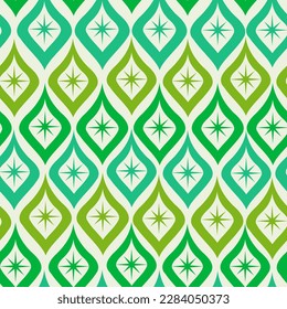 Mid Century Atomic Starbursts seamless pattern on ogee ovals in lime green, mint green and jade green. For home decor, wallpaper and textile