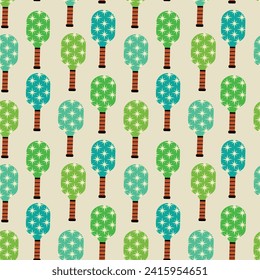 Mid Century atomic starbursts seamless pattern on pickleball paddles in mint green, lime green and teal. For sportswear, fabric and textile 