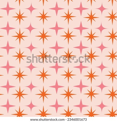 Mid century atomic starbursts seamless pattern in pink and orange on white background. for home décor, wallpaper and textile 