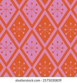 Mid Century Atomic stars on pink and orange retro diamonds seamless pattern. For wallpaper, home décor and textile