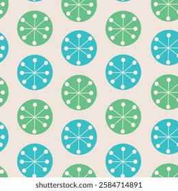 Mid Century Atomic Stars on green and teal circles seamless pattern on white background. For wallpaper, textile and Home Décor