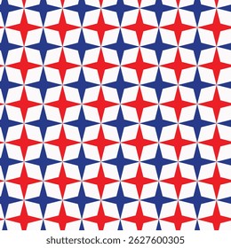 Mid Century atomic stars in red and blue seamless pattern on white background. For fourth of July background, home décor, fabric and home décor 
