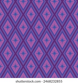 Mid Century blue starbursts  on pink and purple retro harlequin diamond shapes seamless pattern. For fabric, wallpaper and textile