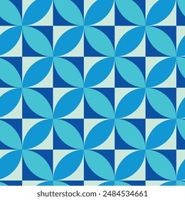 Mid Century Blue and turquoise Circles on Geometric squares seamless pattern. For Home decor , Wallpaper and textile