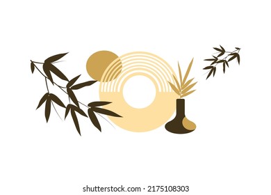 Mid century boho print. Abstract bohemian geometric shapes, vase, plantes, tropical leaves. Wall decor in earth tones. contemporary style. Vector illustration
