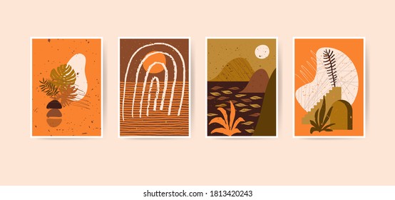 Mid century boho style home decor. Modern abstract landscapes. Contemporary artistic minimalist prints. Nursery home decoration, wall art in neutral orange and terracotta colors, earth tones. Vector