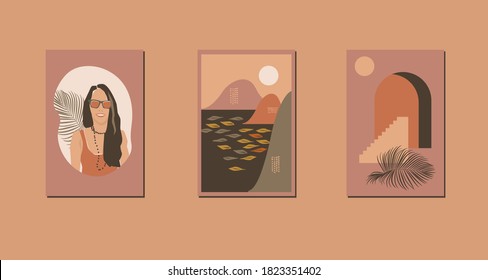 Mid century boho style home decor. Modern abstract compositions. Portrait, seascape, landscape. Contemporary artistic minimalist prints. Wall art in neutral terracotta colors. EPS 10 printable vector