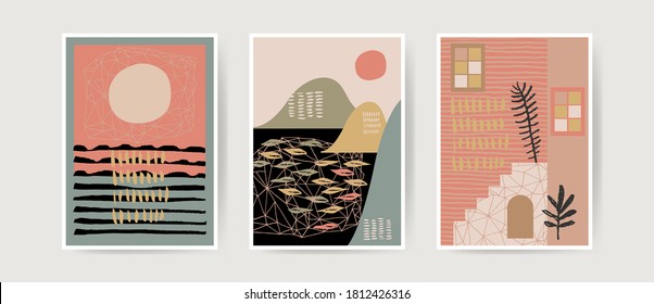 Mid century boho style modern abstract landscapes. Contemporary artistic cards, posters, prints. Nursery home decoration, wall art in neutral terracotta colors. Vector EPS10 home decor illustration - Shutterstock ID 1812426316