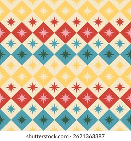 Mid century bright colorful seamless pattern design. Geometric retro carnival themed motif vector.