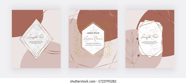 Mid century cards with marble frames and nude with brown shapes. Trendy templates for wedding invitation, greeting, banner, flyer, poster, save the date
