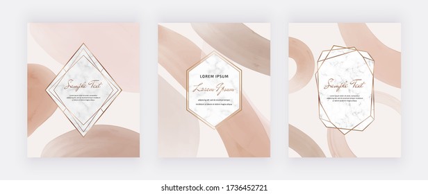 Tarjetas de mediados de siglo con marcos de mármol y desnudos con acuarela marrón. Plantillas de moda para invitación a boda, saludo, banner, volante, afiche, guardar la fecha
