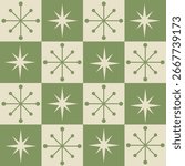 Mid century checkered Atomic starbursts on sage green and beige checkerboards seamless pattern. For wallpaper, home décor and fabric. 