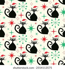 Mid Century Christmas Black Atomic Cats seamless pattern wearing Santa Hats with red and green atomic starbursts.