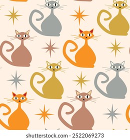 Mid Century Colorful Atomic Cats in gray, orange, mustard and brown seamless pattern with starbursts on white background. For fabric, wallpaper and textile 