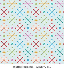 Estrellas atómicas coloridas de mediados de siglo con estallidos sin fisuras en azul, teal, naranja, rojo, amarillo y rosa sobre fondo claro. Para tela, decoración doméstica y textil 