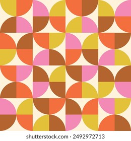 Mid Century Colorful Geometric Semi Circles seamless pattern  in pink, orange, brown and mustard yellow. For wallpaper, home décor and posters 