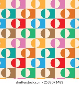 Mid Century Colorful Half Circles on Checkered squares  seamless pattern in orange, red, green, teal and blue. For home décor, wallpaper and fabric