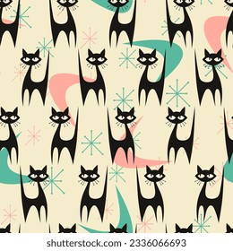 Mid Century colorful Modern Cat Silhouette with Atomic age Starbursts. Vector seamless background in fifties style. svg