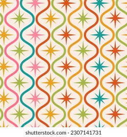 Mid century colorful starbursts on ogee shapes seamless pattern. For home décor, wallpaper, retro posters, textile and fabric