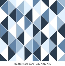 Mid century contemporary seamless print design. Retro geometric sheeted tile. Modern abstract pattern with triangles. Mosaic grid template. Blue-toned bathroom tile hand drawn flat vector illustration