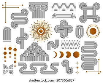 Mid century design. Minimal geometric bohemian print, geometria contemporary art style. Scandinavian simple shapes, moon and sun, swanky vector set