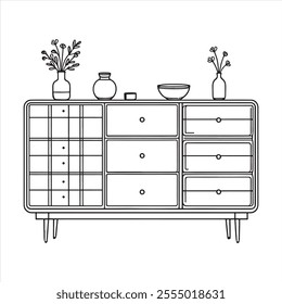 mid century dresser. Modern furniture outline drawing. Line art cupboard for trendy interior design silhouette white background
