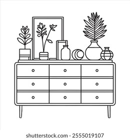 mid century dresser. Modern furniture outline drawing. Line art cupboard for trendy interior design silhouette on white background
