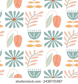 Mid century floral and botanical seamless pattern. Pastel colors pattern of tulip, leaf, flower, daisy