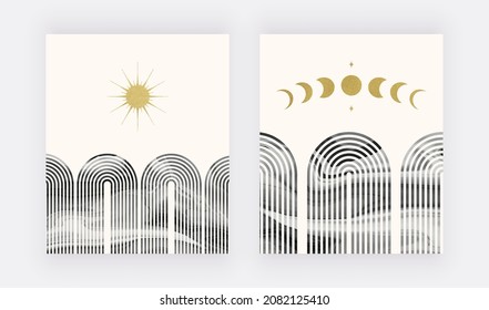 Mid century geometric arch, moon phases and sun wall art print