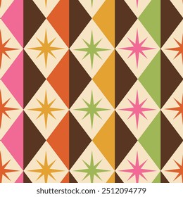 Mid Century Geometric Harlequin diamonds with atomic starbursts seamless pattern in green, orange, pink, mustard yellow with dark brown. For home décor, wallpaper and fabric 