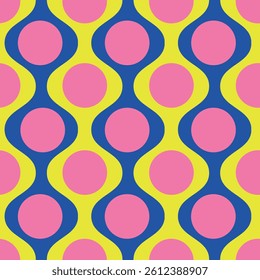 Mid Century geometric pink circles on vintage yellow and blue ogee seamless pattern. For wallpaper, home décor and textile