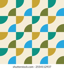 Mid Century Geometric Semi circles in olive green, blue and teal seamless pattern over squares. For web backgrounds, wallpaper, home décor and fabric
