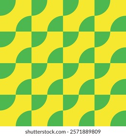 Mid Century Geometric Semi circles in green seamless pattern over squares on yellow background. For web backgrounds, wallpaper, home décor and fabric