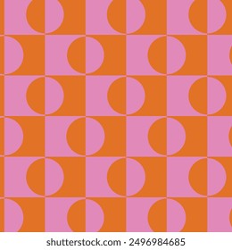 Mid Century Half Circles in pink and orange on checkered seamless pattern. For wallpaper, home décor and textile 