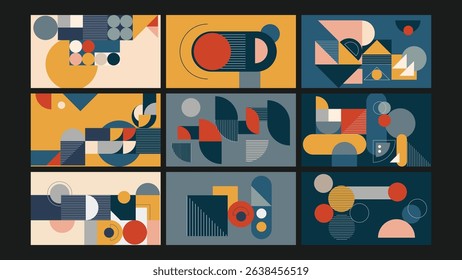 Mid century inspired abstract design featuring circles, rectangles, and modern forms. Ideal for wall art, web design, and creative projects.