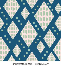 Mid century inspired seamless pattern with diamond shapes, small squares and bold texture. For textiles, graphic design, fashion, home decor and paper uses. Fun beatnik hipster vibe. Vector.