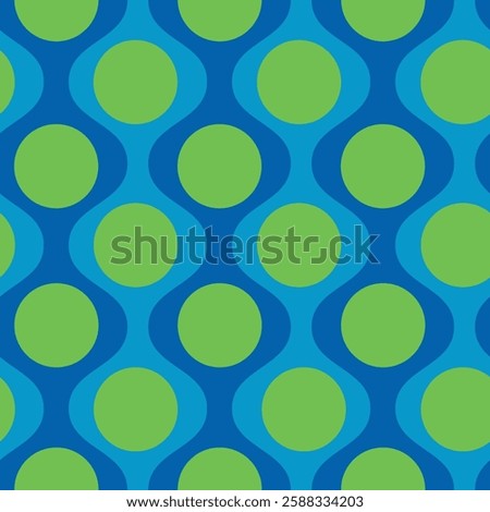 Mid century lime green circles on vintage blue ogee seamless pattern. For wallpaper, home décor and textile 