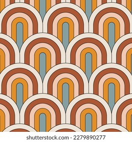 Mid Century Minimal Pattern, Abstract rainbow stripes. Retro wave 80s art retro background. Striped arches in groovy 1970s style. Geometric vector illustration
