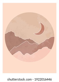 Mid century minimal print.
Abstract contemporary aesthetic background with landscape, sand dunes, desert,  and Moon. Earth tones, burnt sienna, terracotta colors. 