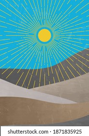 Mid century minimalist landscape illustration. contemporary aesthetic art print template.Modern trendy boho wall decor. Yellow sun with circle of rays and textured mountains vector illustration