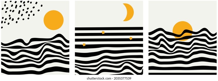 Mid century minimalist wavy retro art with abstract landscapes, sea, sun, stars and moon. Black and yellow vintage striped posters, illustrations with lines and shapes for wall art, posters, cards, br