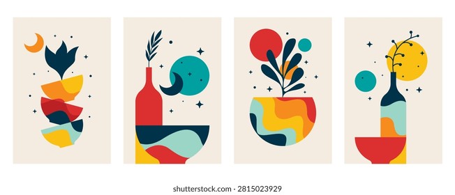 Mid century modern abstract botanical wall art set featuring minimalist plants, geometric shapes, vases, bowls, suns, moons, and earth tone color palette.
